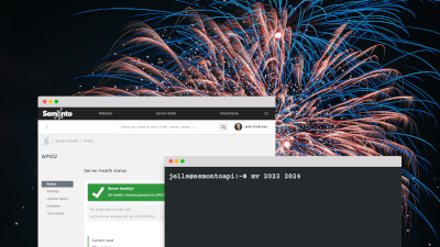 Illustration of Semonto with a computer terminal with fireworks background.