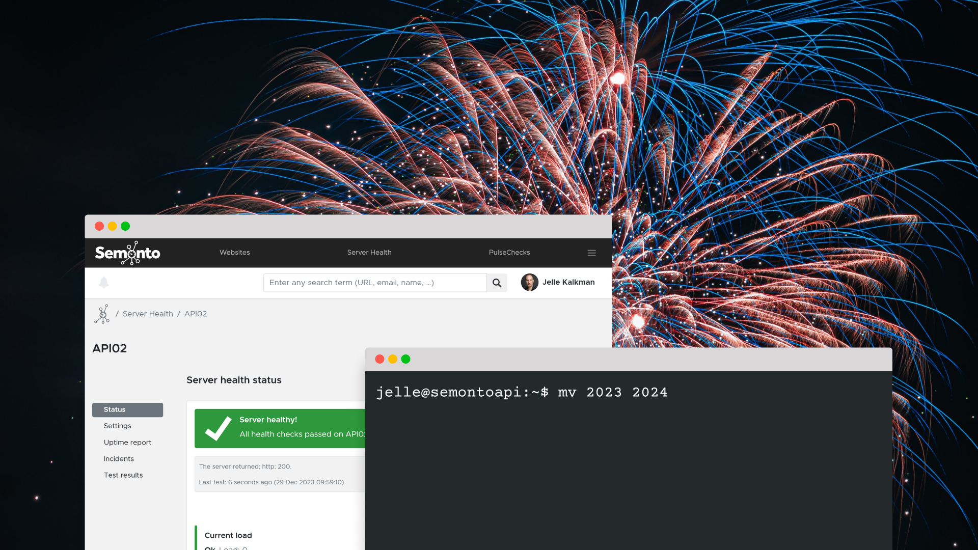 Illustration of Semonto with a computer terminal with fireworks background.