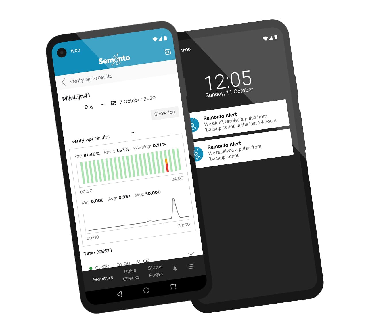 Mockup of the Android app showing test results and push-notifications on Android