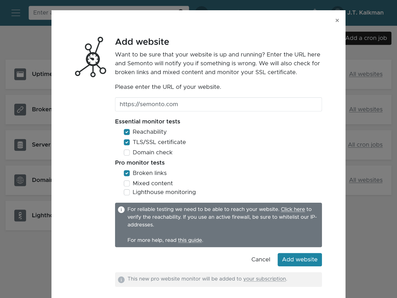 Example of the broken link monitor in Semonto