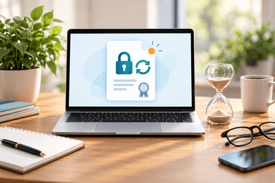 Laptop displaying a certificate renewal symbol beside an hourglass