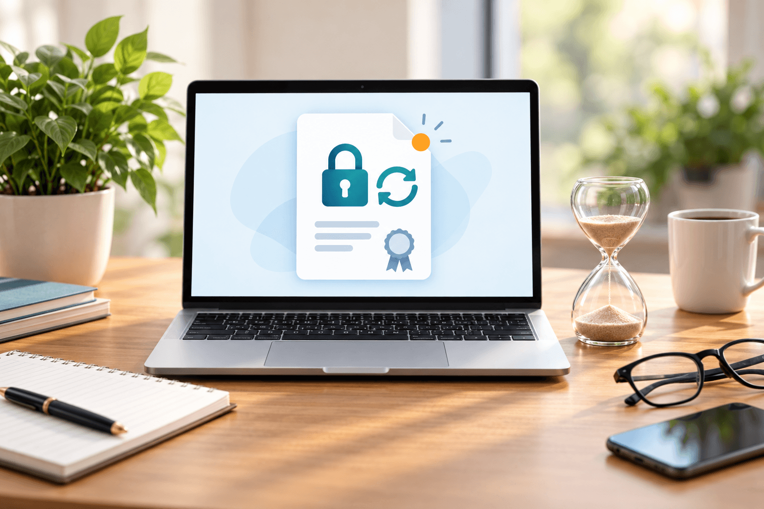 Laptop displaying a certificate renewal symbol beside an hourglass