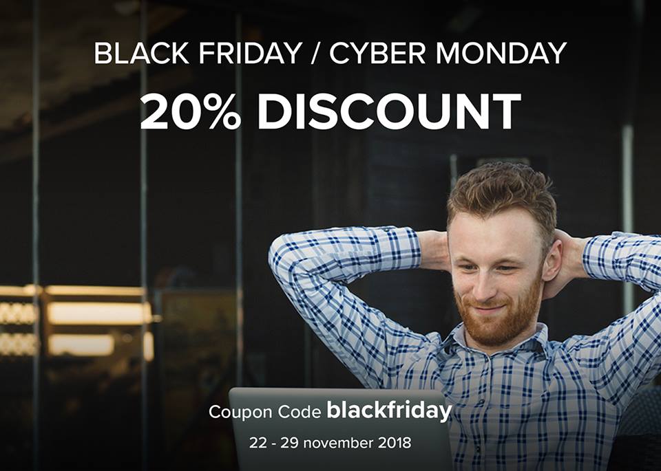 Relaxed person with a laptop and Black Friday / Cyber Monday coupon code