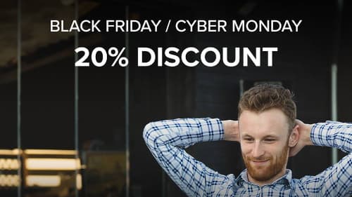 Relaxed person with a laptop and Black Friday / Cyber Monday discount offer