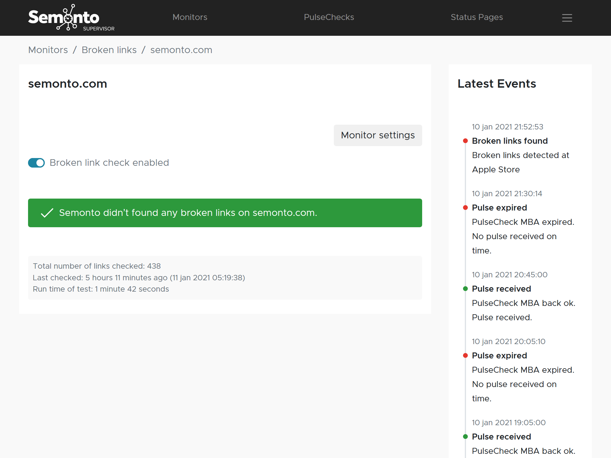 Screenshot of Semonto's broken link checker