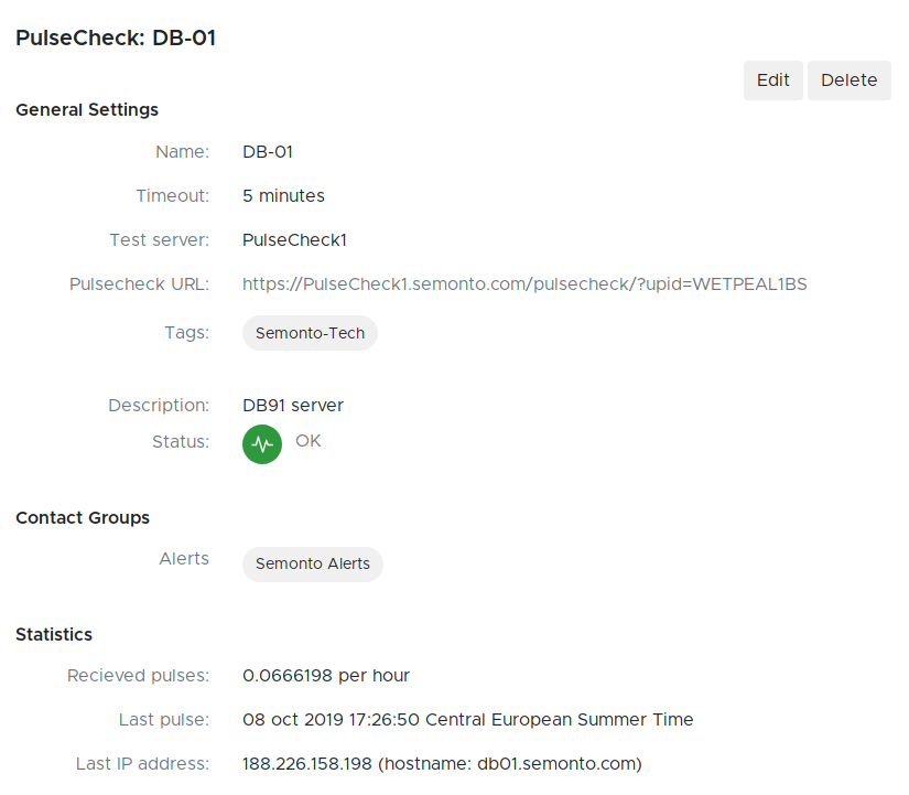 Screenshot with details of a PulseCheck with a contact group in Semonto Supervisor