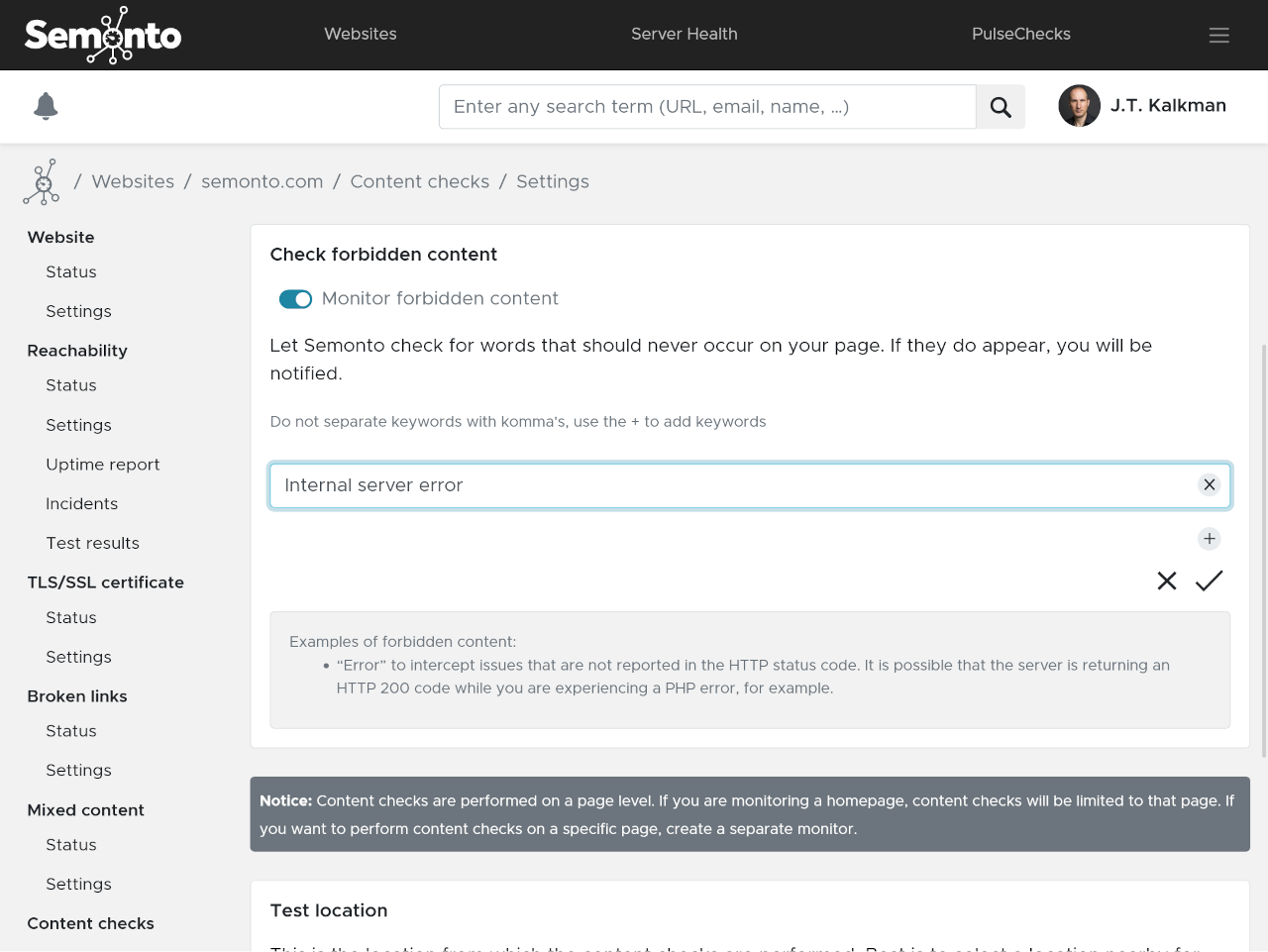 Setting up content checks in Semonto