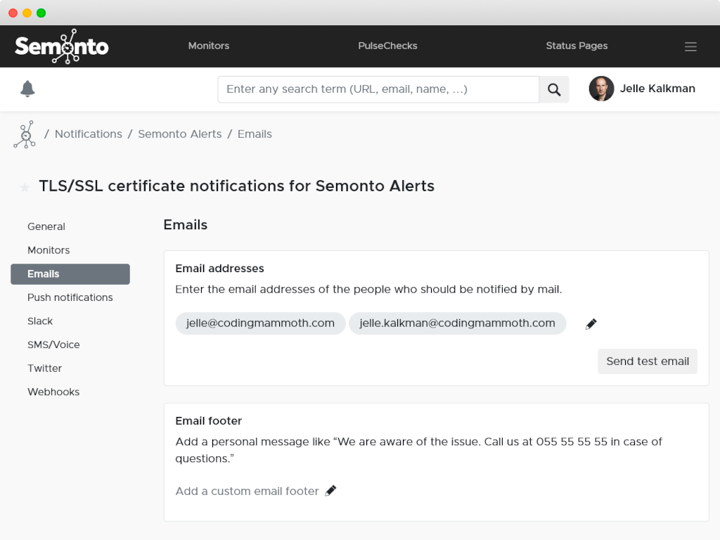 Screenshot of notifications in Semonto