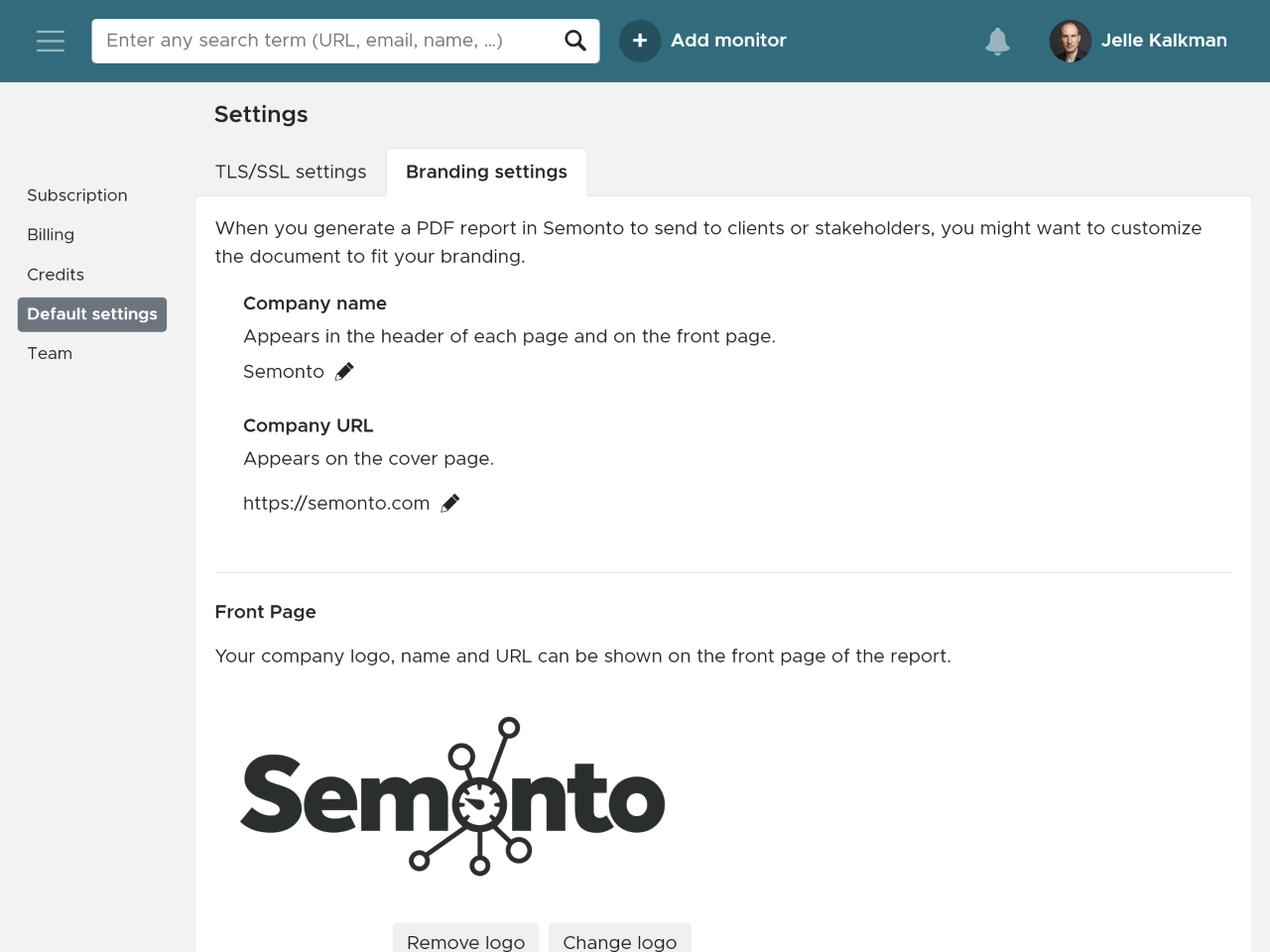 The branding settings in Semonto