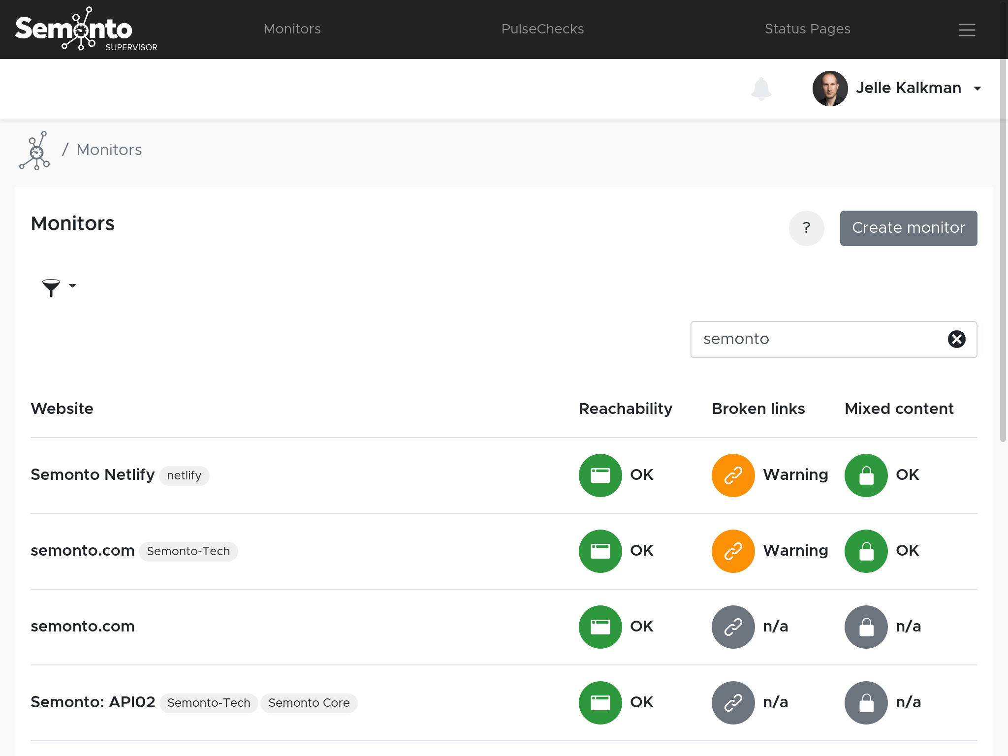 Website monitor overview in Semonto