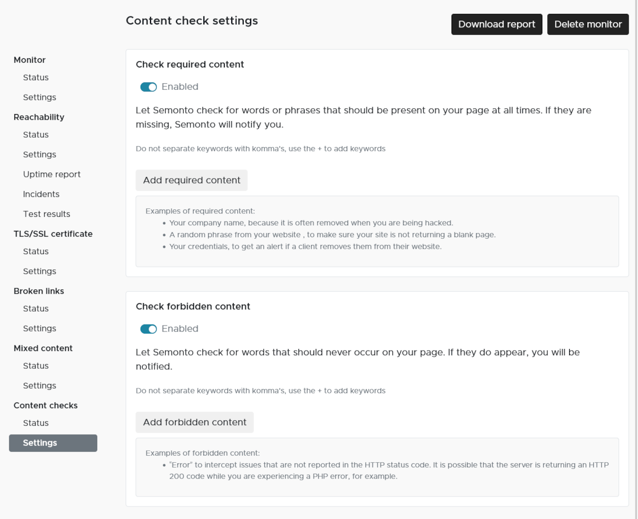The settings screen for content checks