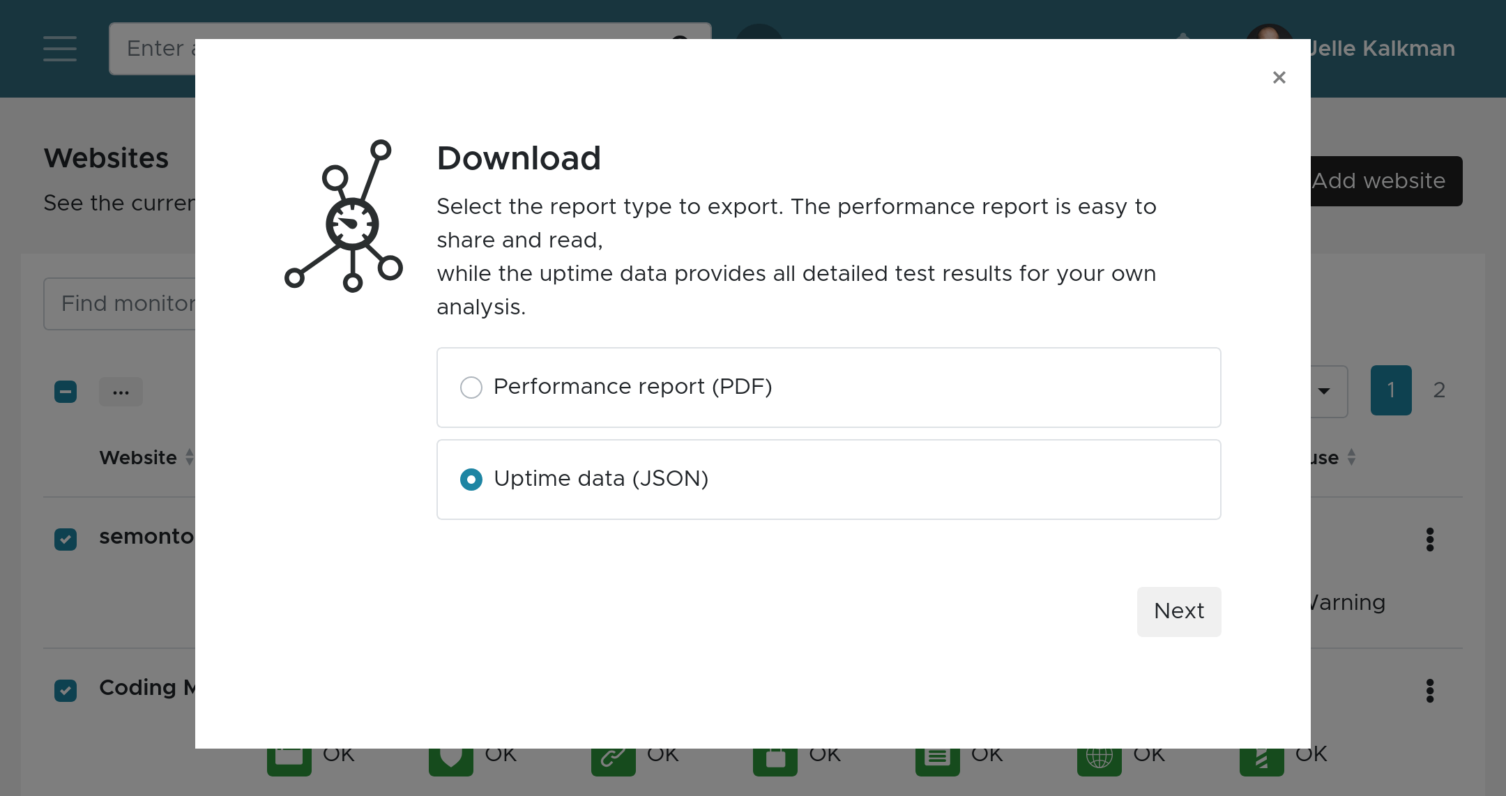 Selecting the download type in the download wizard
