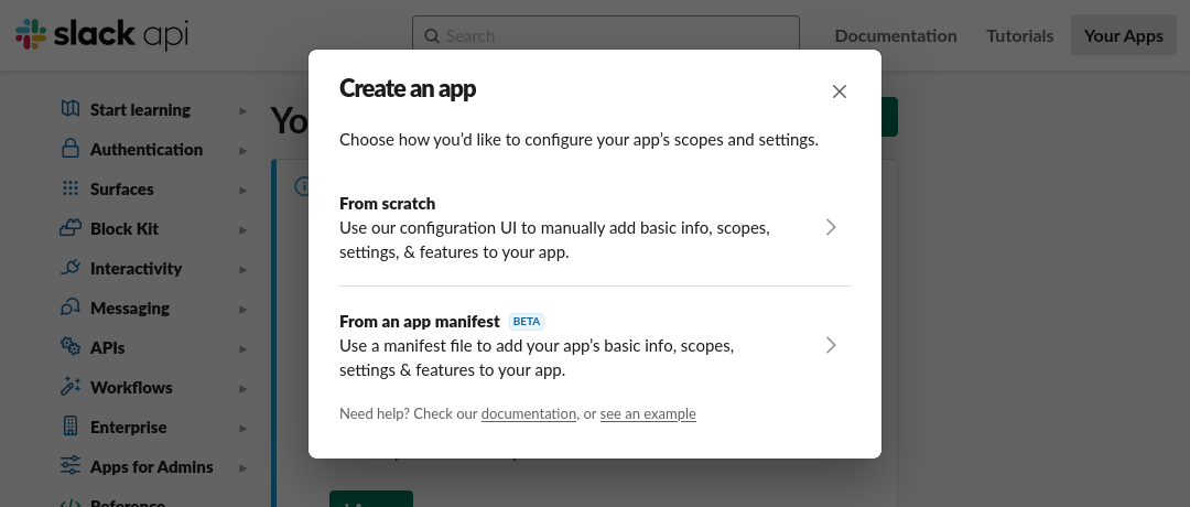 Screenshot of creating a slack app.