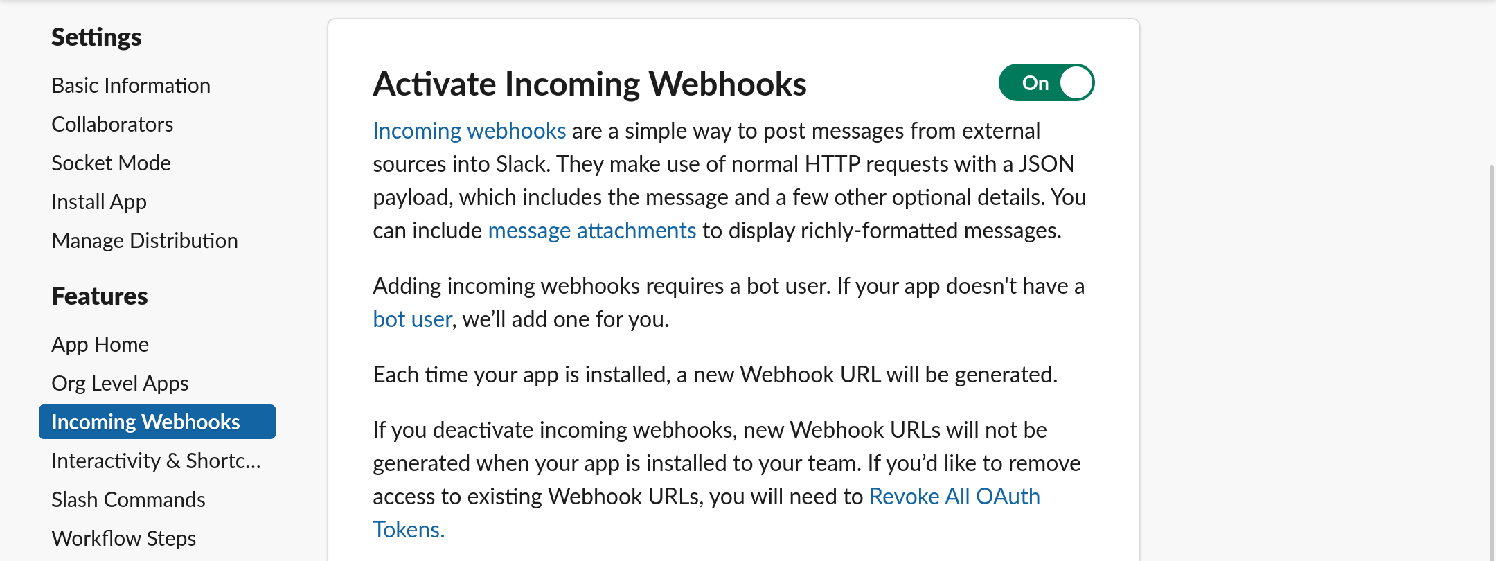 Screenshot of allowing webhooks in a slack app.