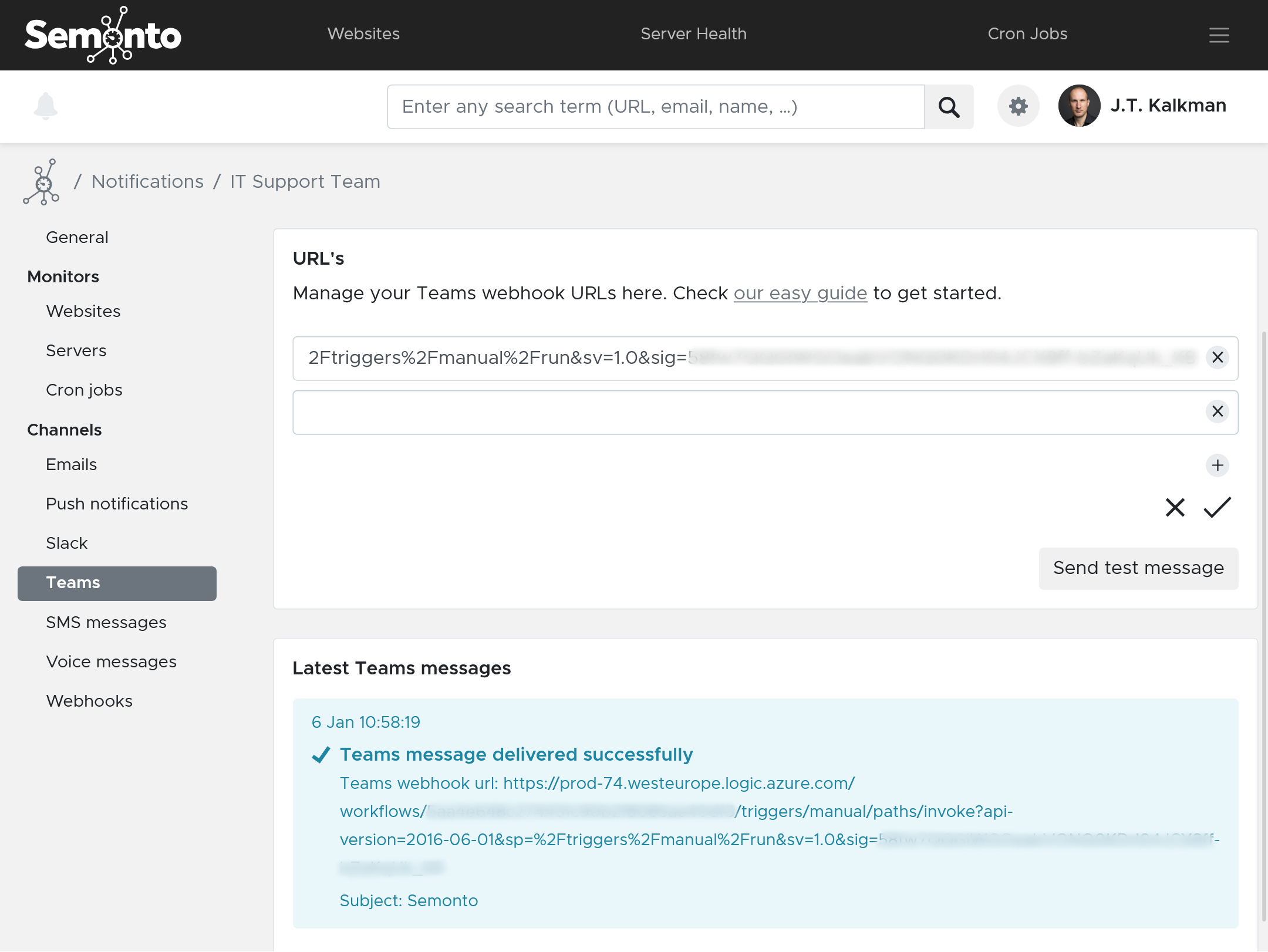Screenshot of configuring Teams notification in Semonto