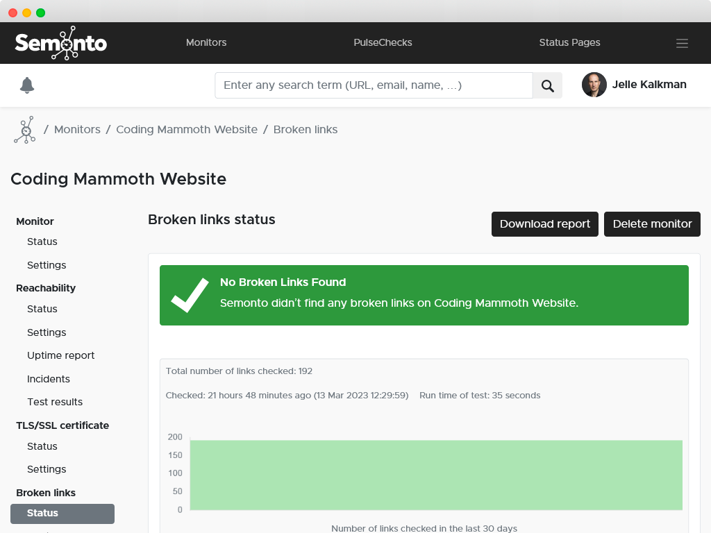 Broken link check results in Semonto