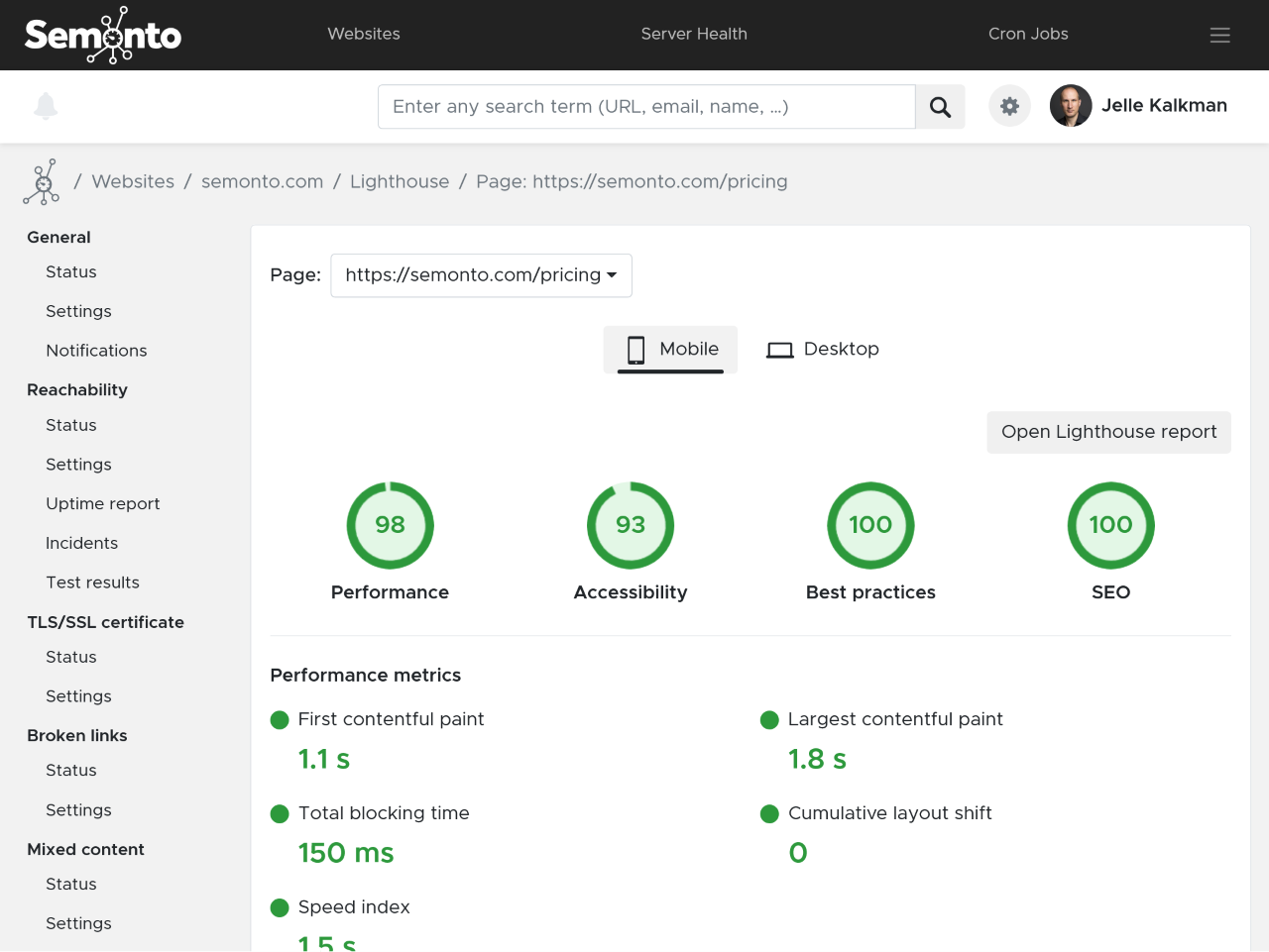 Server health status in Semonto