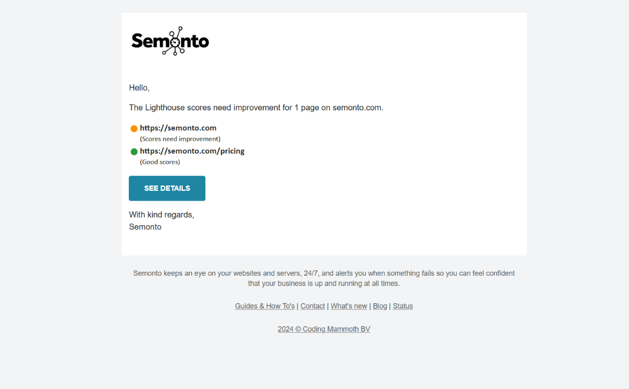 Email alerts from Semonto about Lighthouse results