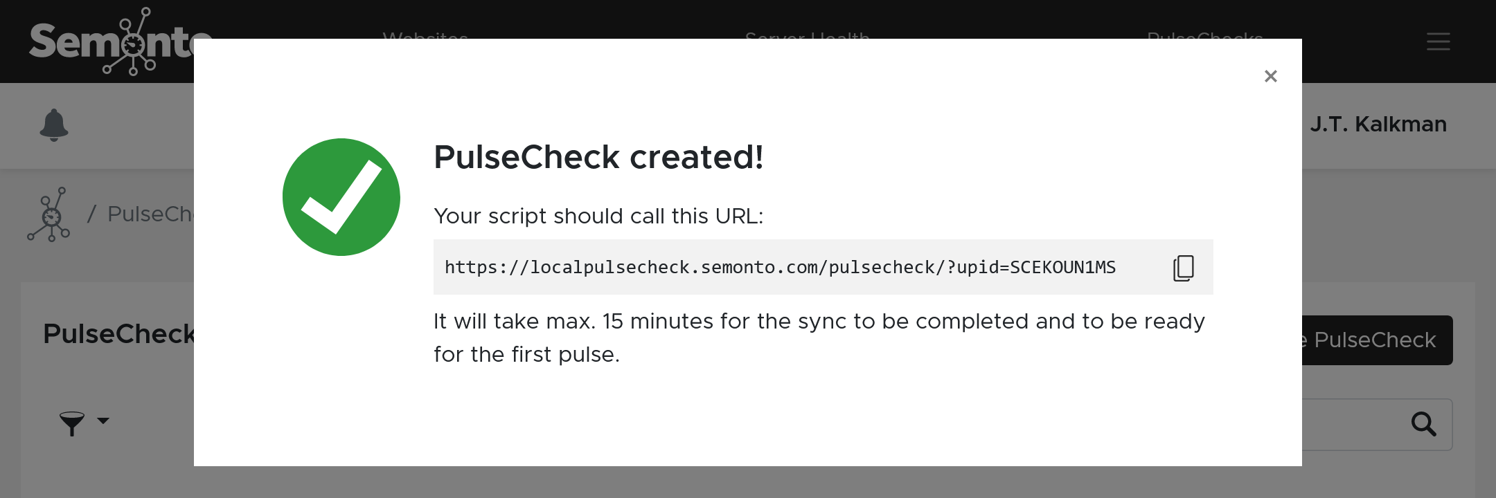 The cron job URL generated by Semonto
