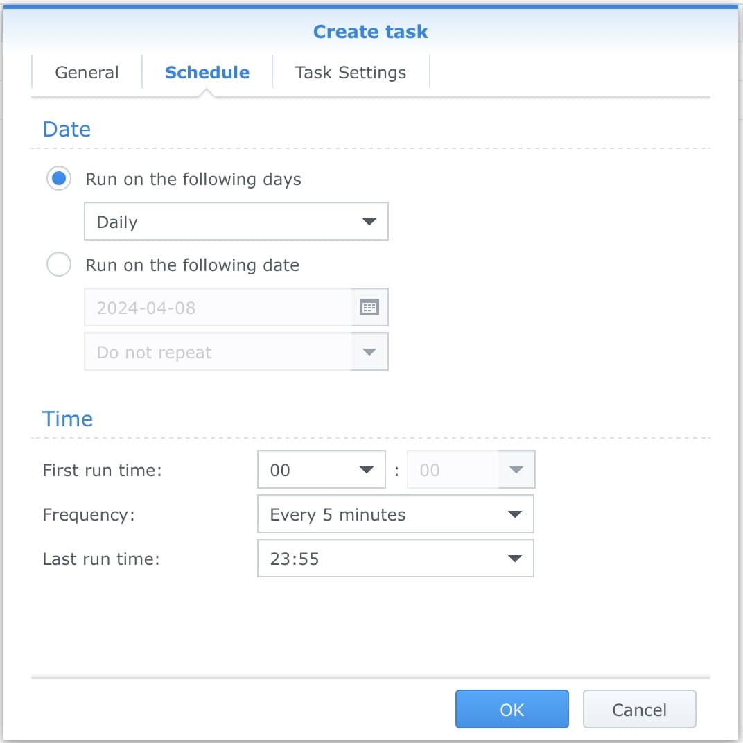 Adding a scheduled task in a Synology NAS