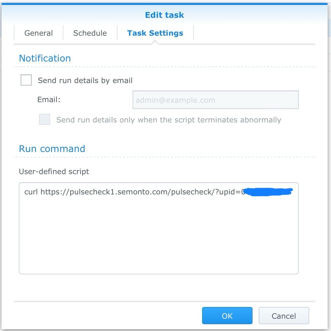 Tasks settings in a Synology NAS