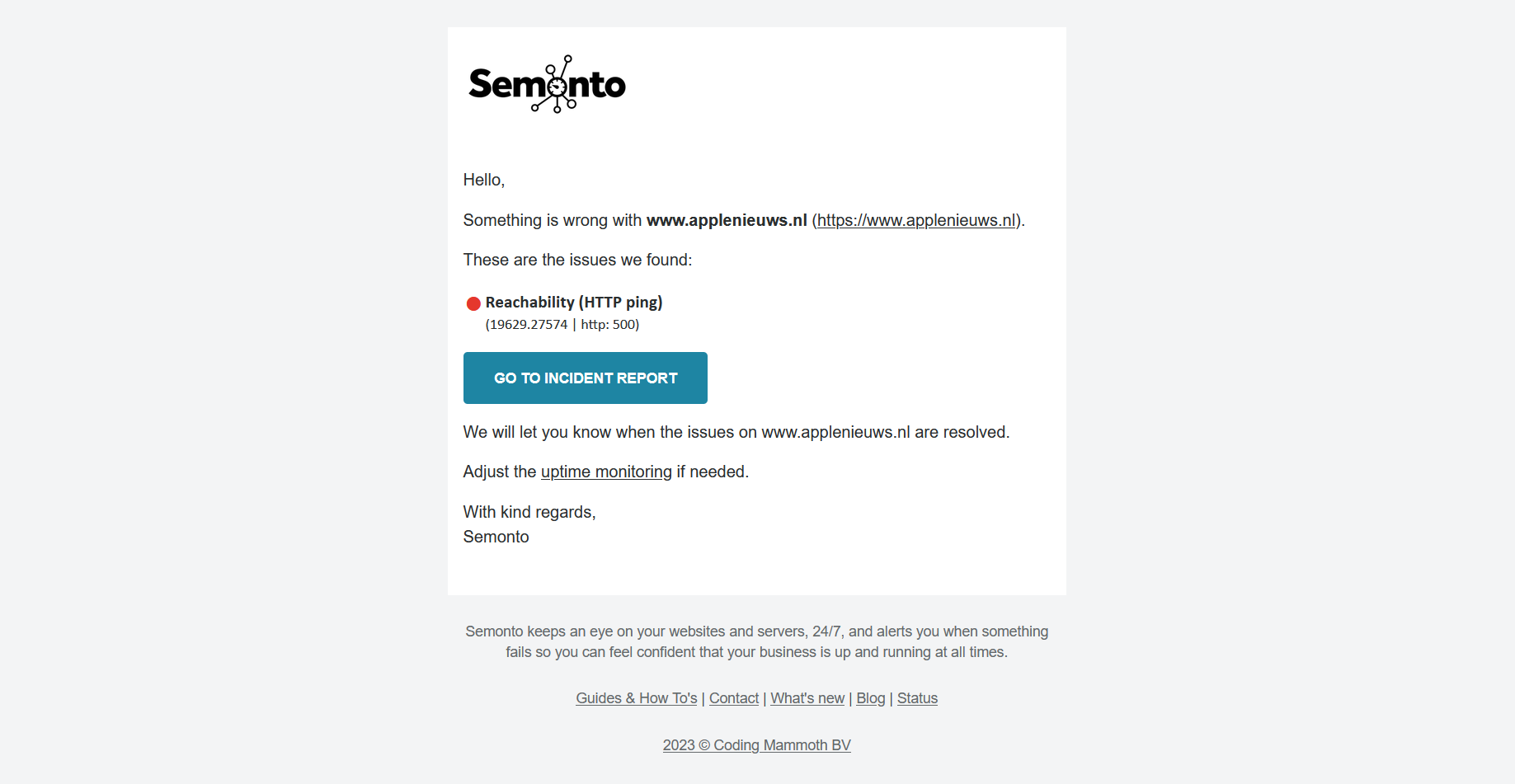 An email alert from Semonto