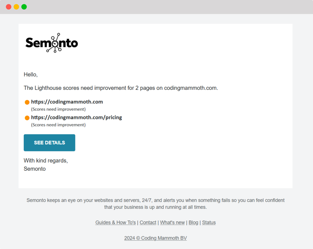 An email alert from Semonto