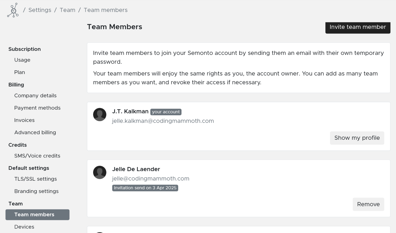 The team member settings in Semonto Supervisor