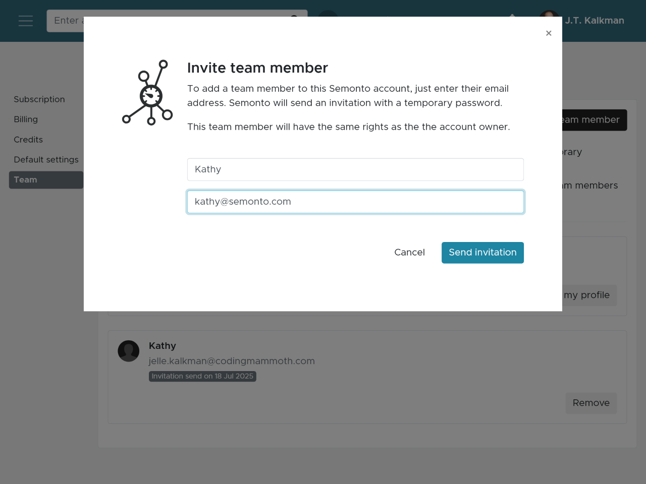 Screenshot how to add a team member in Semonto