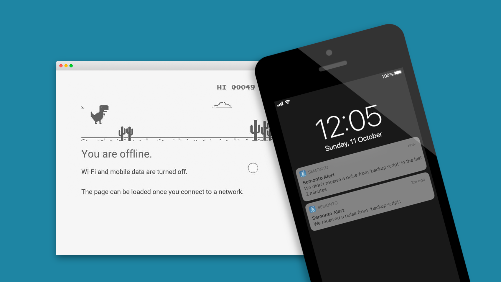 Illustration of an error page and a mobile phone with push notifications