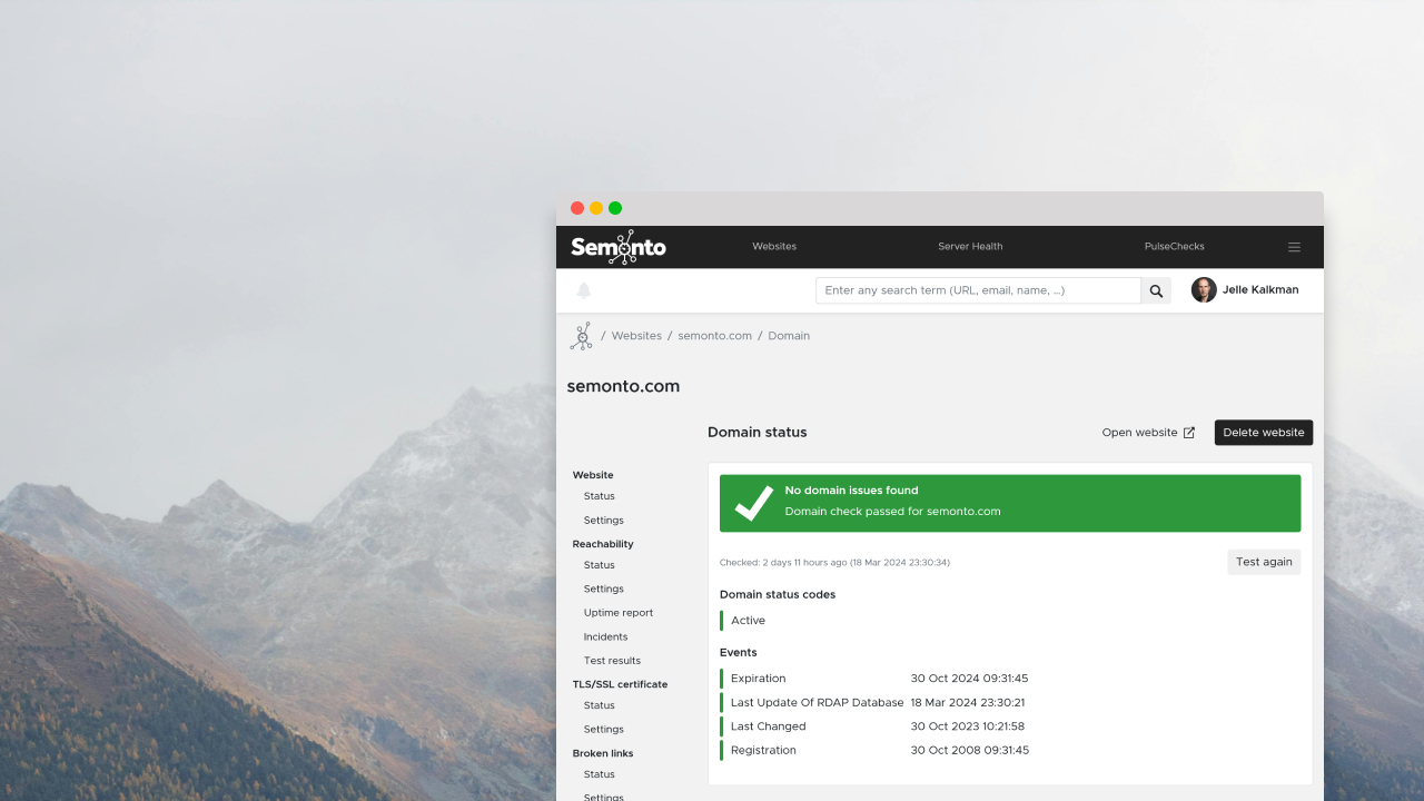 Domain status in Semonto on a desktop background.