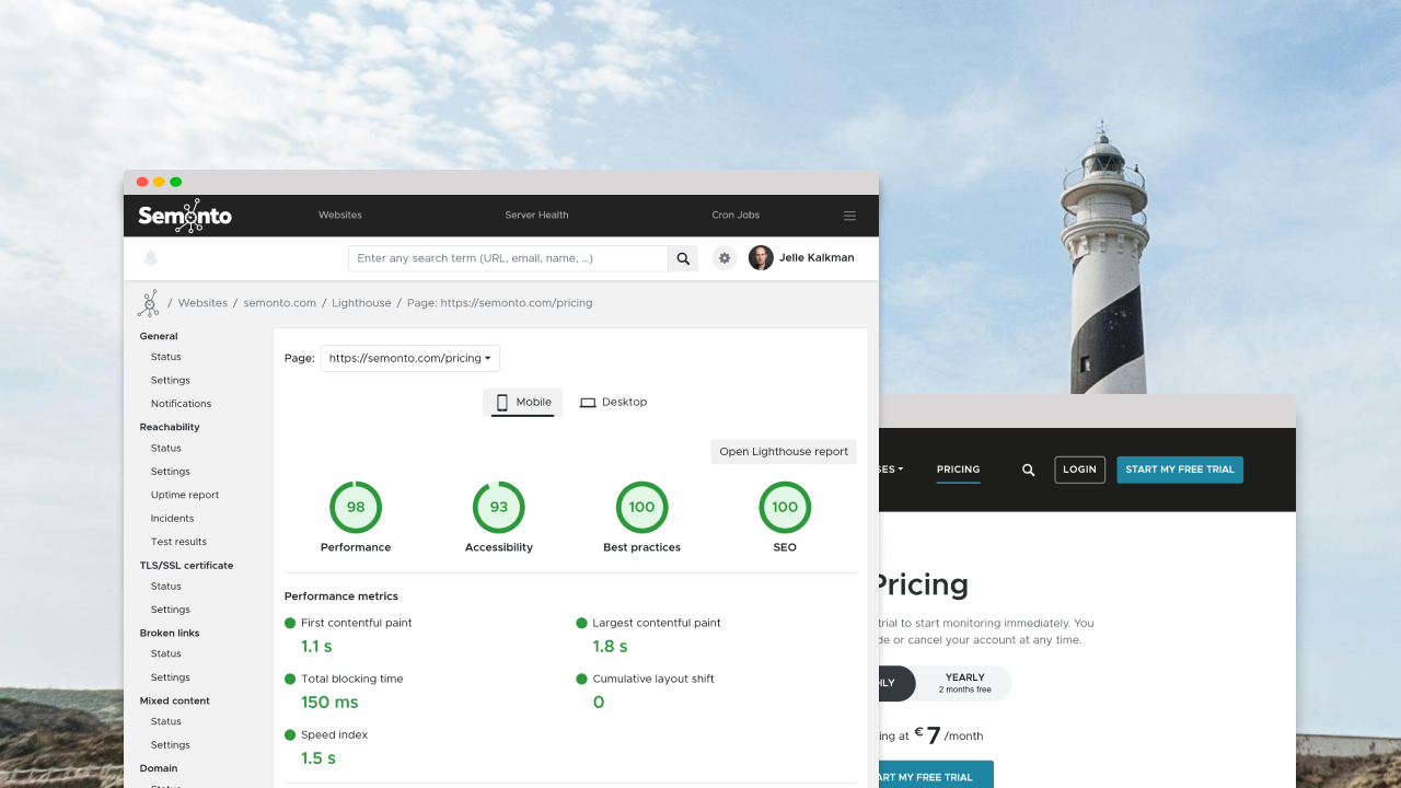 Lighthouse monitoring in Semonto on a desktop background