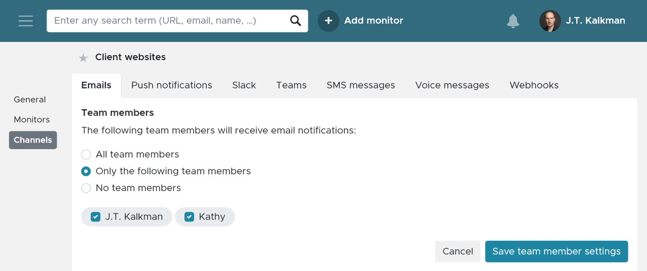 Team members for a notification group