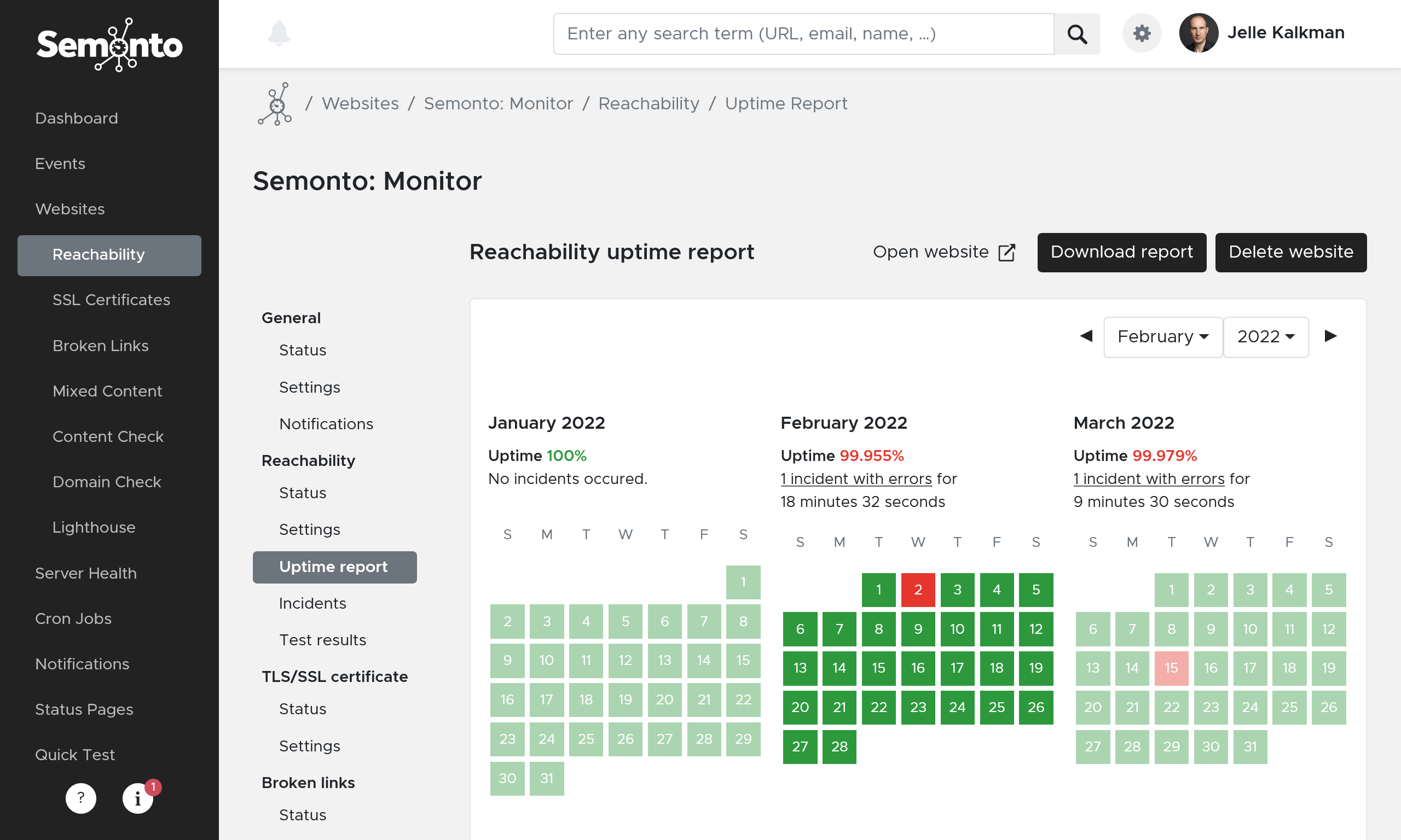 Uptime report in Semonto