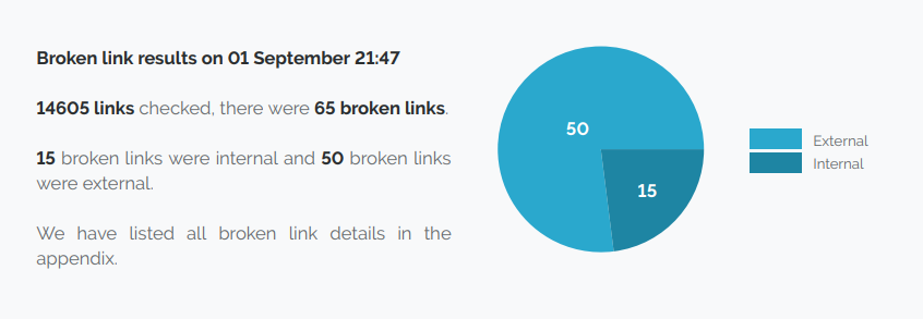 Broken link check results in a performance report