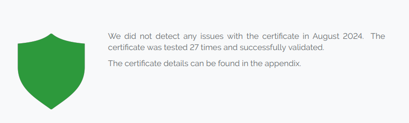 SSL/TLS certificate status in a performance report