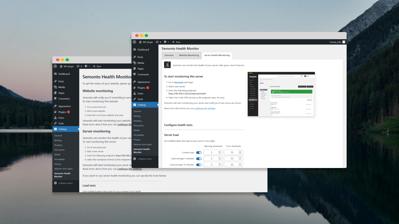 Mockup of WordPress with the old and new Semonto plugin